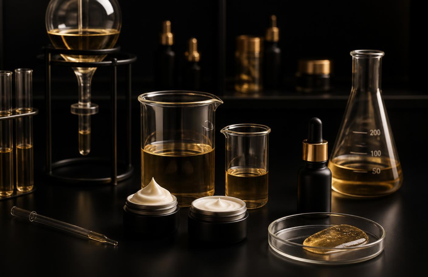 Cosmetic formulation laboratory with gold-lit glassware
